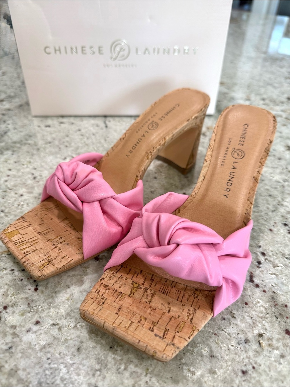 Chinese Laundry "Yvonne" Pink Knotted Cork Block Heel Mules NIB